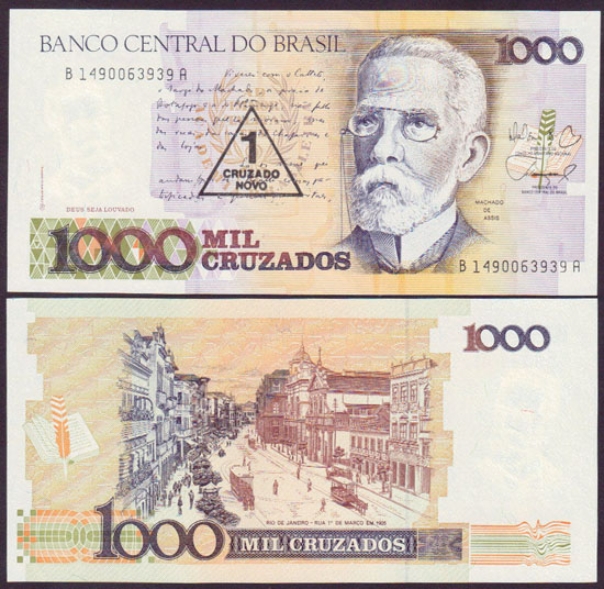 1989 Brazil 1 Cruzado Novo on 1,000 Cruzados L000963
